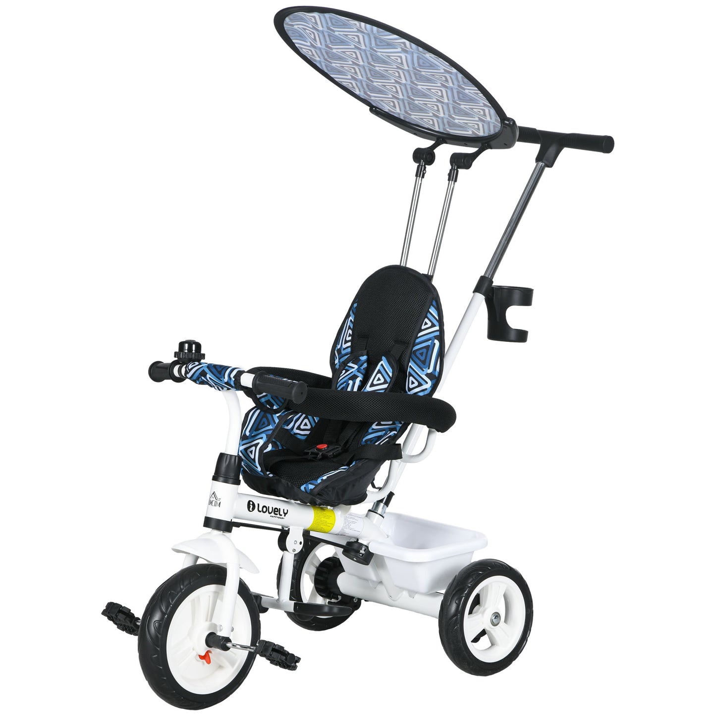 4 in 1 Tricycle for Kids with 5-point harness straps, Removable Canopy, Blue