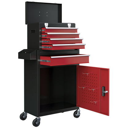 Rolling Tool Cabinet on Wheels with 5 Drawers and Lockable Cabinet, Portable Top Tool Chest and Roller Cabinet Combo for Workshop and Home, Red