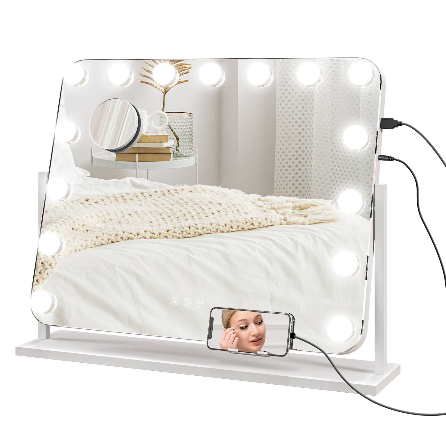 Hollywood Vanity Mirror W/ Lights Large 63x50 cm Makeup Mirror, 3 Colour, 14 LED Bulbs, 10X Magnifying, USB Charging Port, Phone Holder, 360° Rotation