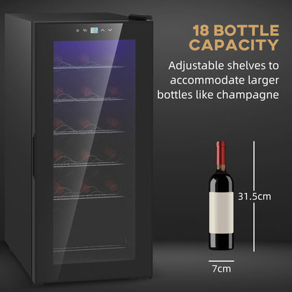 Freestanding Wine Fridge, 35cm Wide Undercounter Wine Cooler Fridge with Temperature Control, Digital Touch Screen, LED Light, Glass Door, 18 Bottles, 50 Litre Capacity, Black