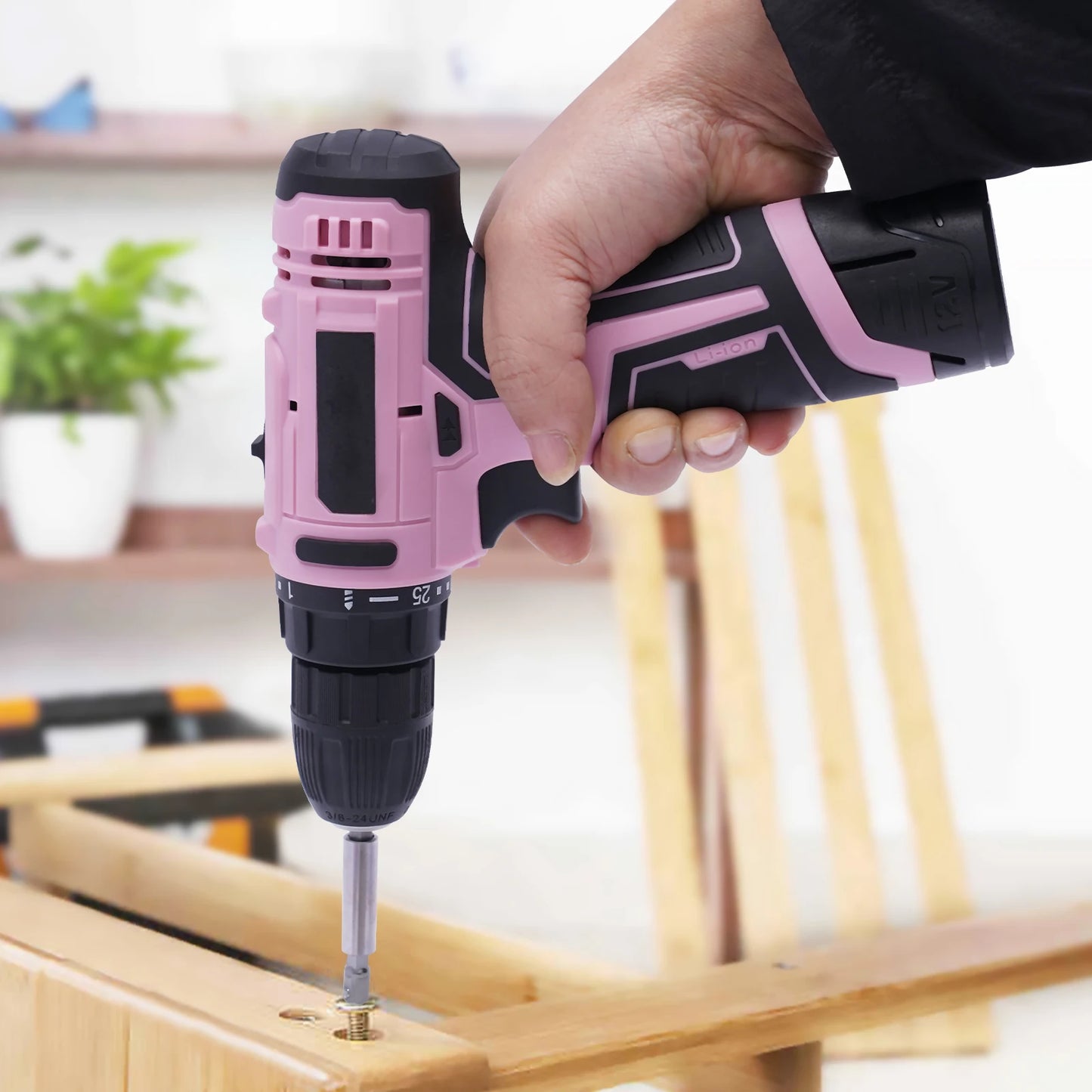 12 Volt Pink Electric 21 Piece Cordless Drill Set With Keyless Chuck & Battery For DIY Projects Drilling Wood / Metal