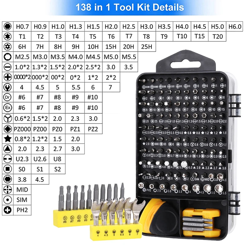 138 In 1 Screwdriver Set CR-V Magnetic Screw Bits Precision Phillips Torx Hex Screws Household Repair Phone Computer Hand Tools