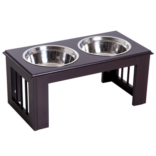 PawHut Raised Dog Bowls Pet Feeder Elevated Double Stainless Steel Water Brown