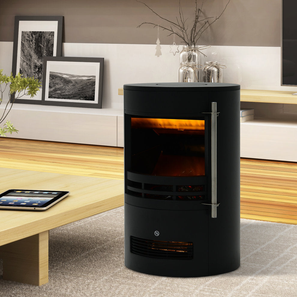 HOMCOM Freestanding Electric Fireplace Indoor Heater Glass View Log Wood LED Burning Effect Flame Stove with Thermostat Control, 1000W/2000W-Black