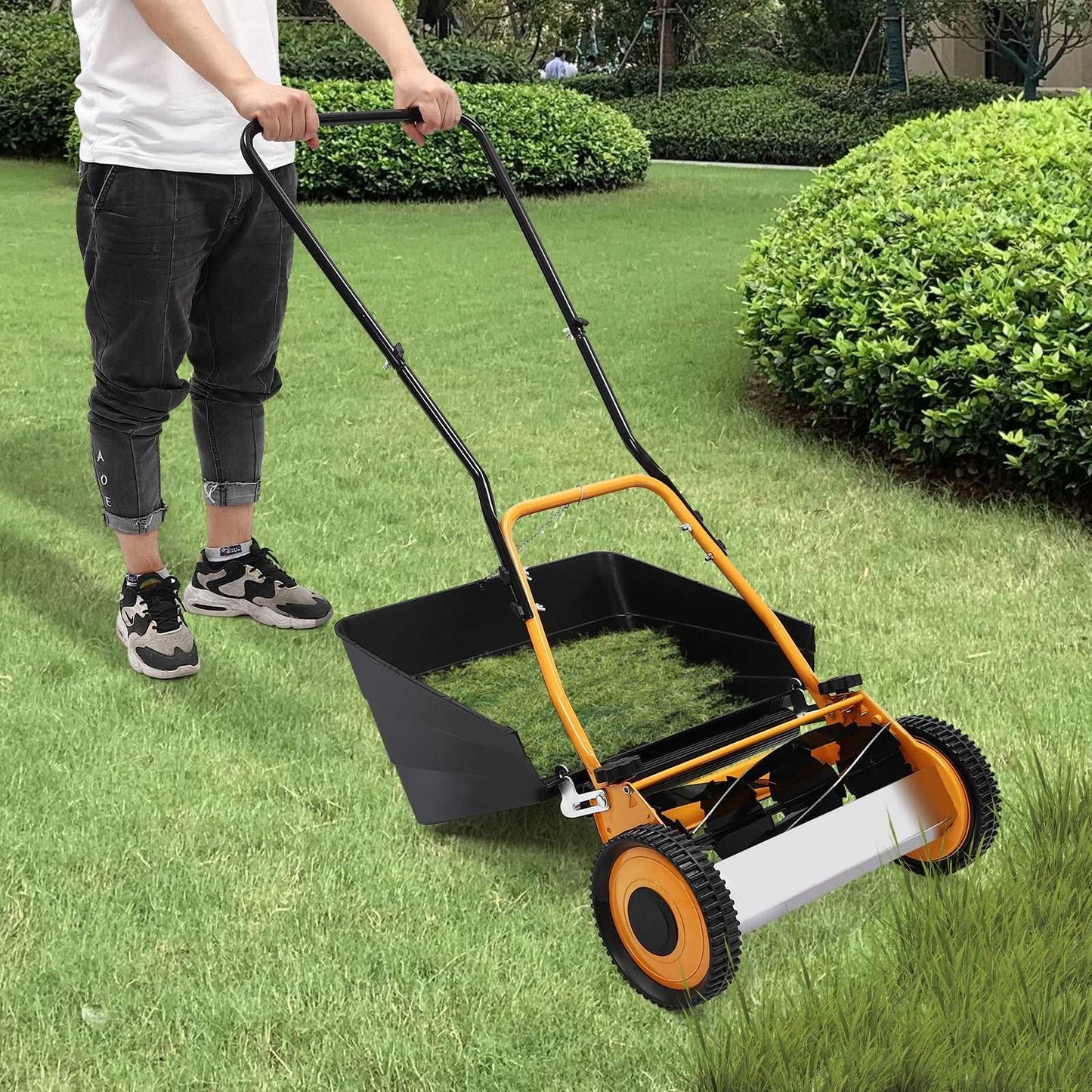 16" Retro Style Lawnmower, Wheeled Manual Hand Push Lawn Mower