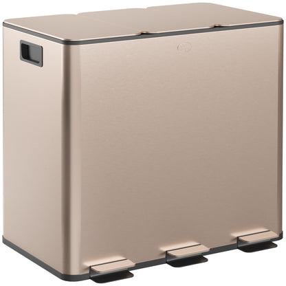 3 x 15L Pedal Bin, Steel Triple Kitchen Bin with Soft Close Lid, Removable Inner Buckets, Fingerprint-Proof, Gold Tone