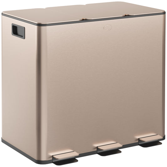 3 x 15L Pedal Bin, Steel Triple Kitchen Bin with Soft Close Lid, Removable Inner Buckets, Fingerprint-Proof, Gold Tone