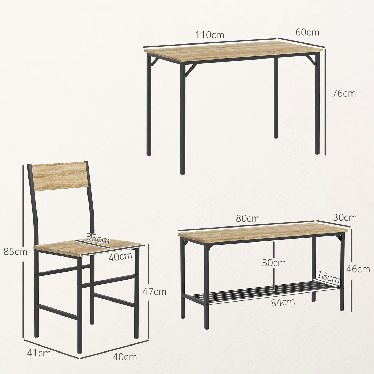 Four-Piece Dining Set, With Table, Chairs and Bench