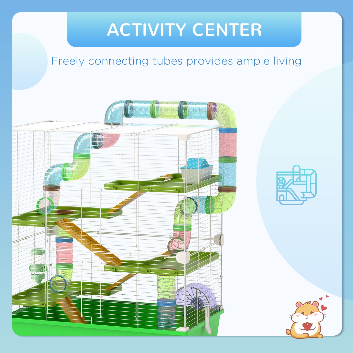 PawHut Hamster Cage With Water Bottle, Exercise Wheel, Tubes, Ramps - Green