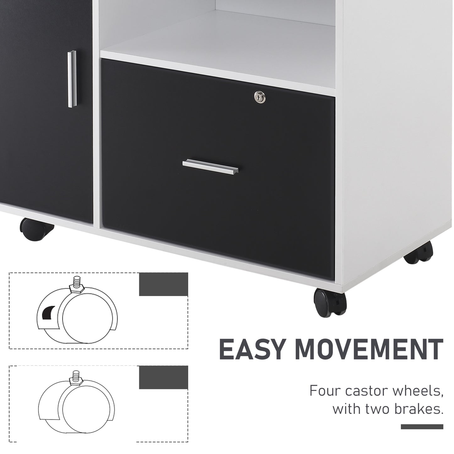 Filing Cabinet with Lockable Drawer, Mobile File Cabinet with 4 Wheels and Shelf, Printer Stand for Hanging A4 and Letter Sized Files, Home Office, Black and White