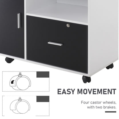 Filing Cabinet with Lockable Drawer, Mobile File Cabinet with 4 Wheels and Shelf, Printer Stand for Hanging A4 and Letter Sized Files, Home Office, Black and White