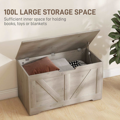 100L Home Storage Box, with Safety Hinges - Grey Wood-Effect