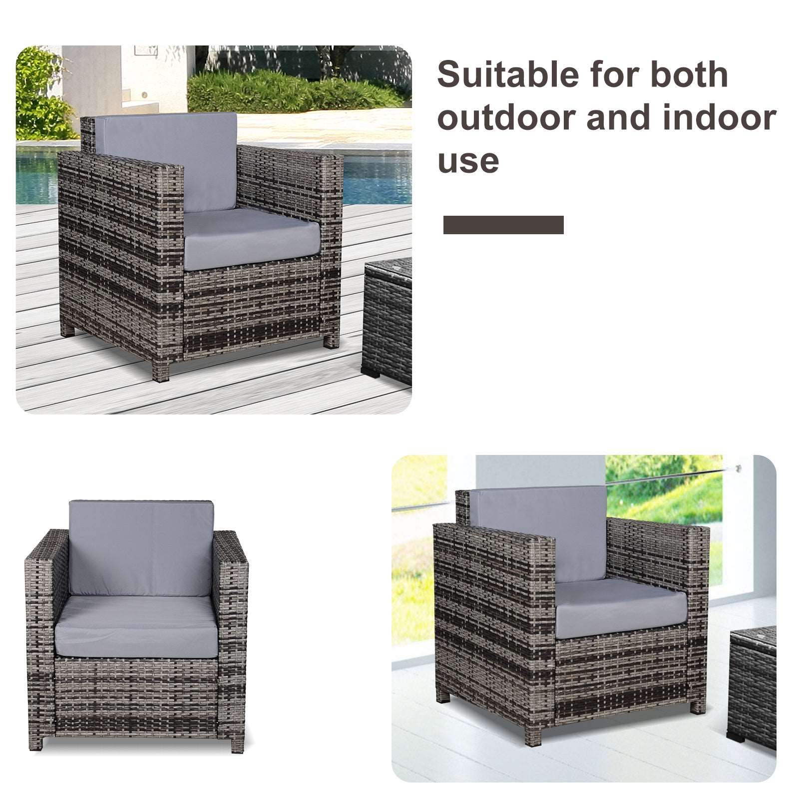 1 Seater Rattan Garden Chair All-Weather Wicker Weave Single Sofa Armchair with Fire Resistant Cushion - Grey