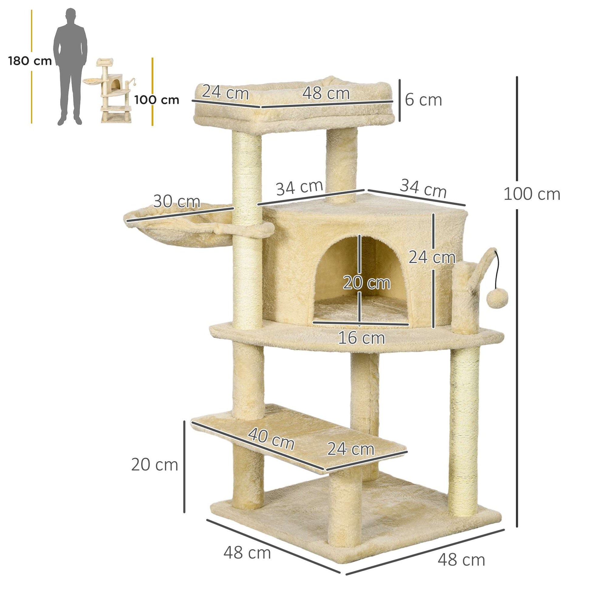 100cm Cat Tree Tower With Sisal Scratching Post Cream White