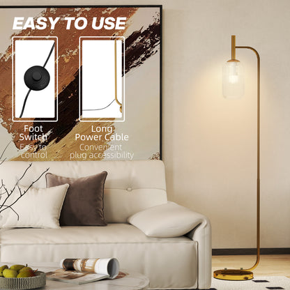 Floor Lamp for Living Room with Glass Lampshade, Modern Standing Lamp with Foot Switch for Bedroom, Bulb not Included, Gold Tone