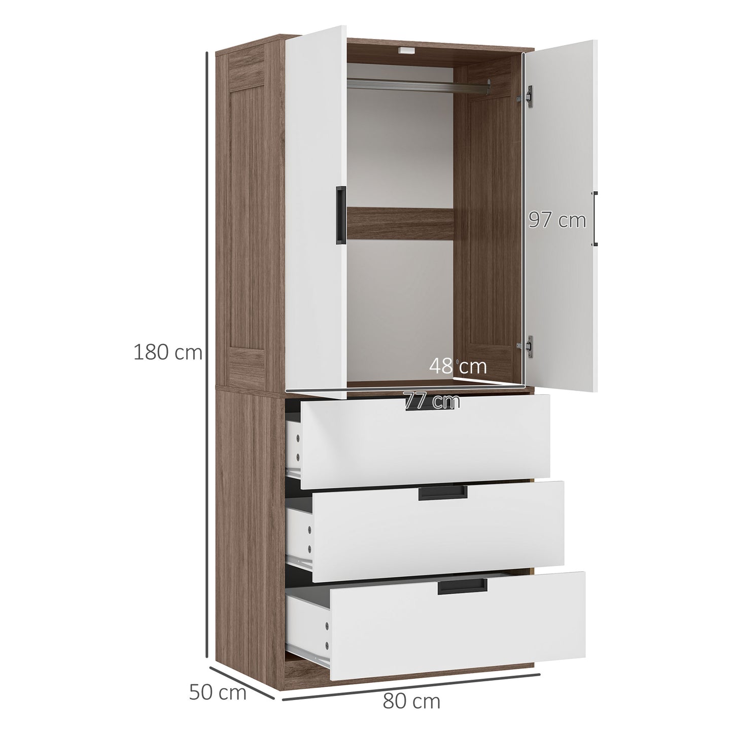 2 Door Wardrobe, Modern Wardrobe with 3 Drawers and Hanging Rod for Bedroom, Brown