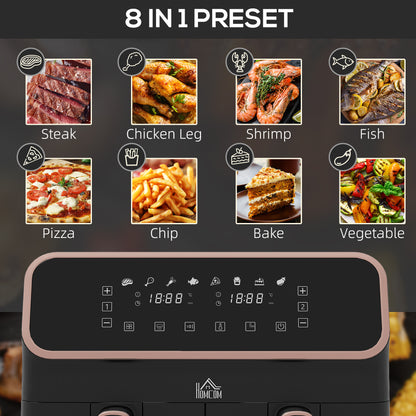 Dual Air Fryer, 8L Family Size Double Air Fryer Oven with 8-In-1 Presets, Digital Display, Visual Window, Recipe, Oil Free Healthy Cooking Gold Tone
