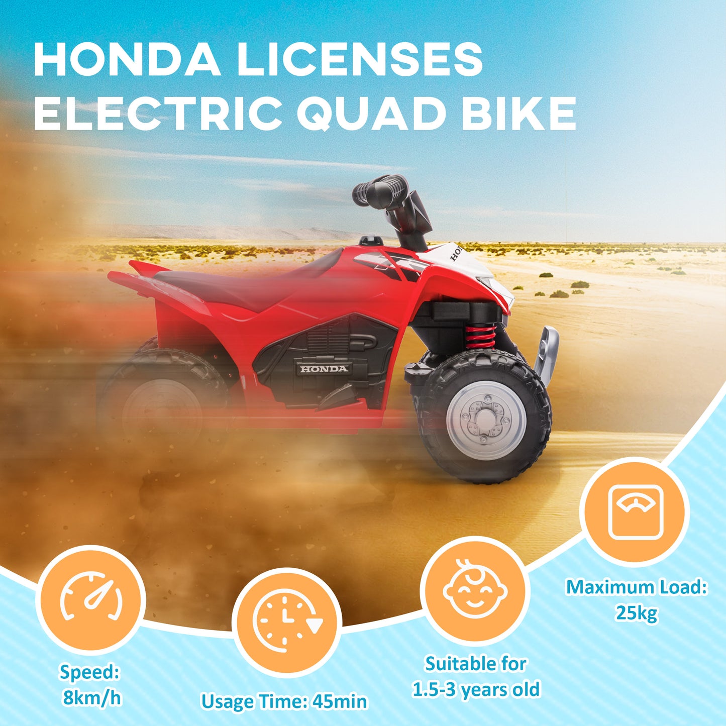 AIYAPLAY Honda Licensed Kids Electric Quad Bike 6V ATV Ride On for 1.5-3 Years Red