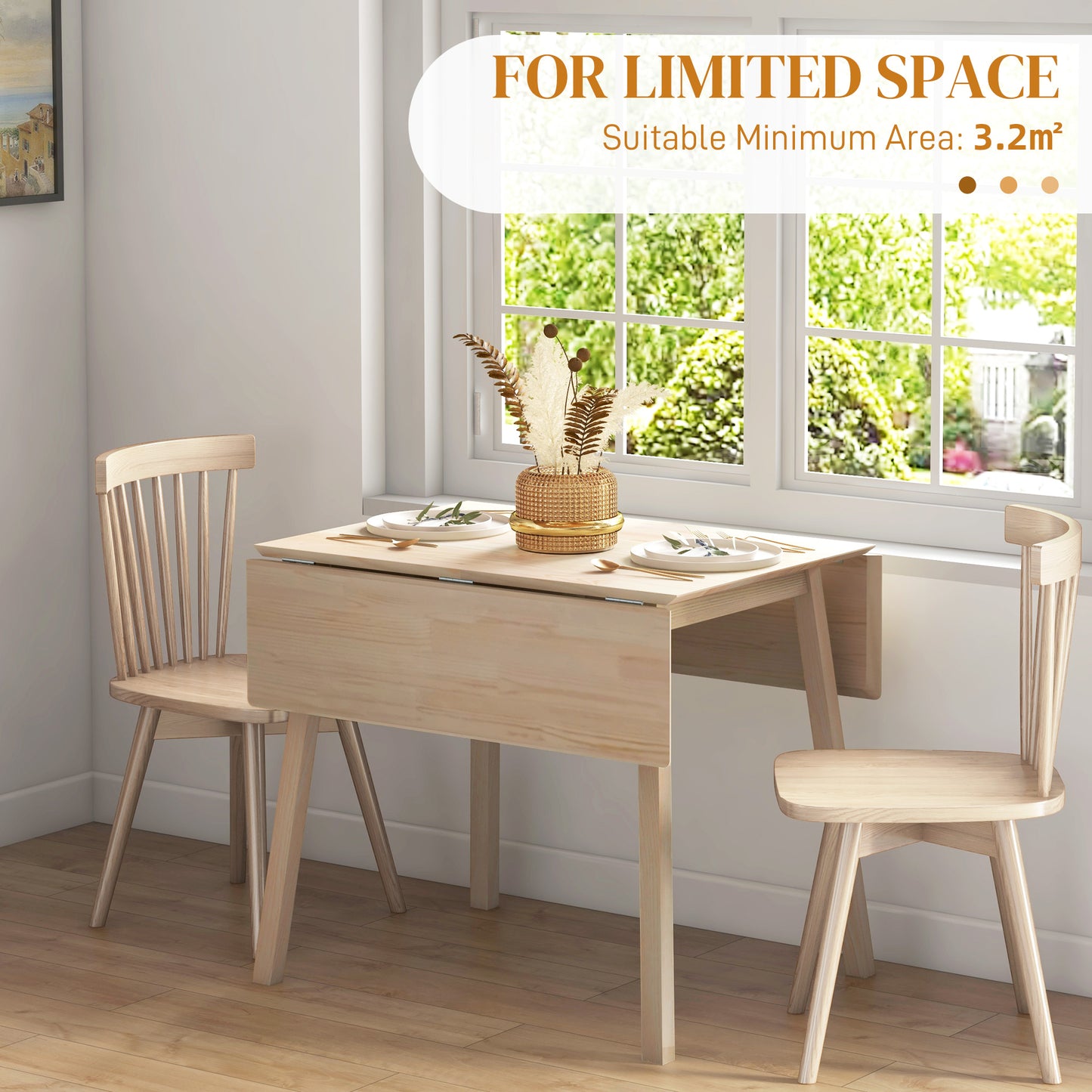 Folding Dining Table, Extendable Kitchen Table for Small Space, Wooden Drop Leaf Table for 2-4 People, Natural Wood Effect