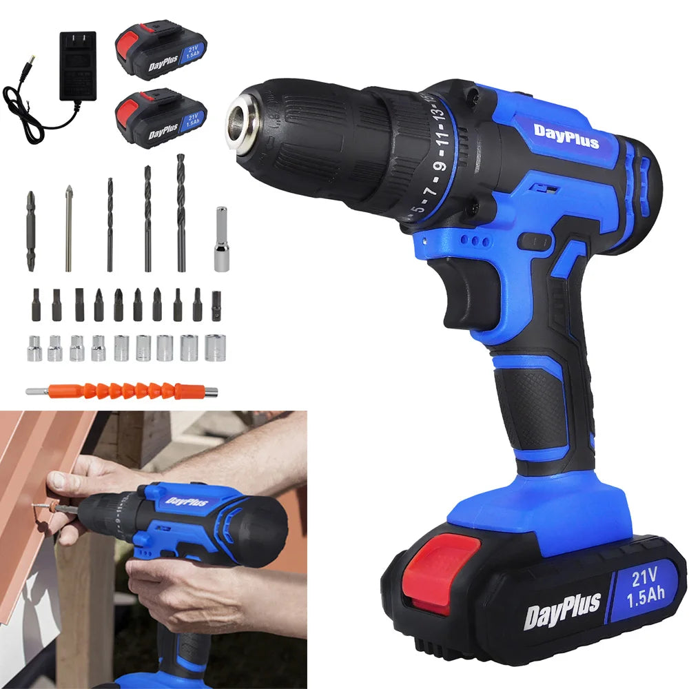 21V Cordless Power Drill with 2 Batteries, Handheld Electric Screwdriver Drill Set,45Nm 25+1 Torque Setting, 2-Speed Drill, 3/8"