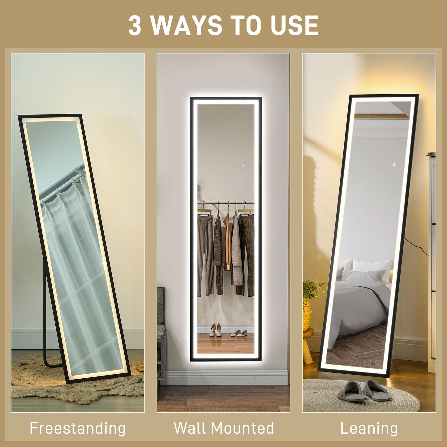 Full Length Mirror with LED Lights, 150 x 40cm Free Standing Mirror with Dimming and 3 Colour Lighting, Leaning or Wall Mirror - Black