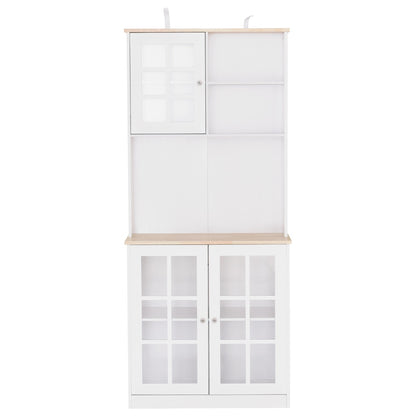 Kitchen Cupboard Sideboard Storage Cabinet Unit Chest With Counter Top Grid Glass Doors Shelves 80L X 37W X 183H Cm - White