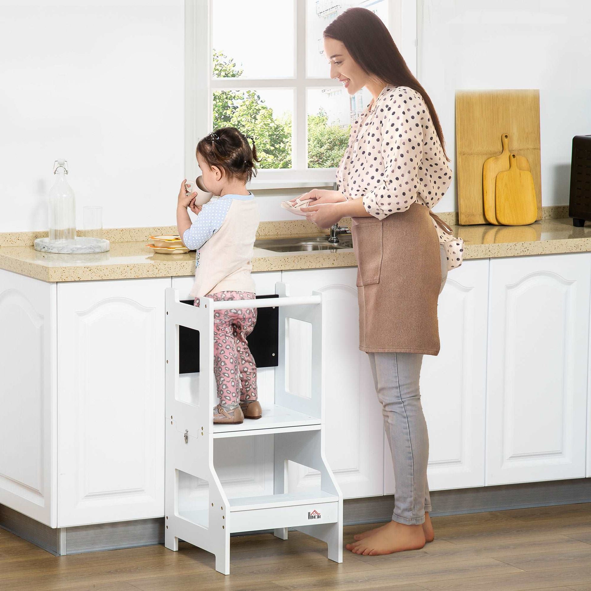 2-in-1 Kids Step Stool, Toddler Table and Chair Set, with Safety Rail Chalkboard Kitchen Helper Standing Tower, White