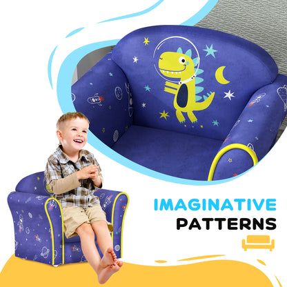 AIYAPLAY Kids Armchair with Planet Dinosaurs Design, Wooden Frame, for Bedroom, Playroom, Kids Room - Blue