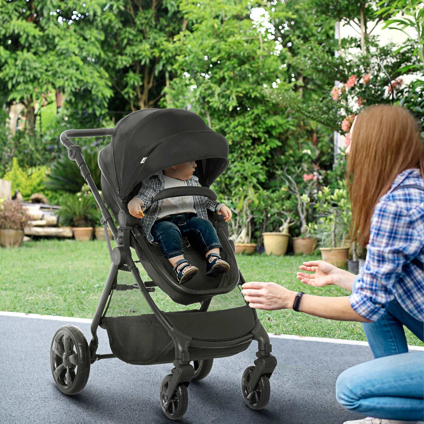 2 in 1 Lightweight Pushchair w/ Reversible Seat, Foldable Travel Baby Stroller w/ Fully Reclining From Birth to 3 Years, 5-point Harness Black