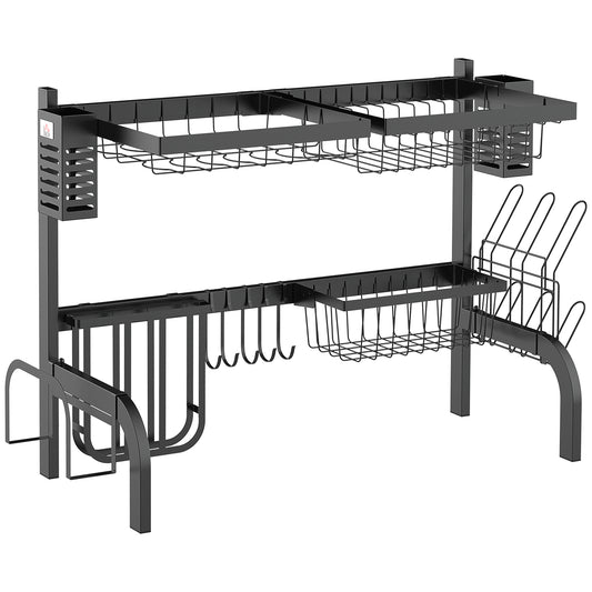 65cm Over The Sink Dish Drainer Rack, 2 Tier Dish Rack for Kitchen Counter, Space Saving Dish Drying Rack, Black