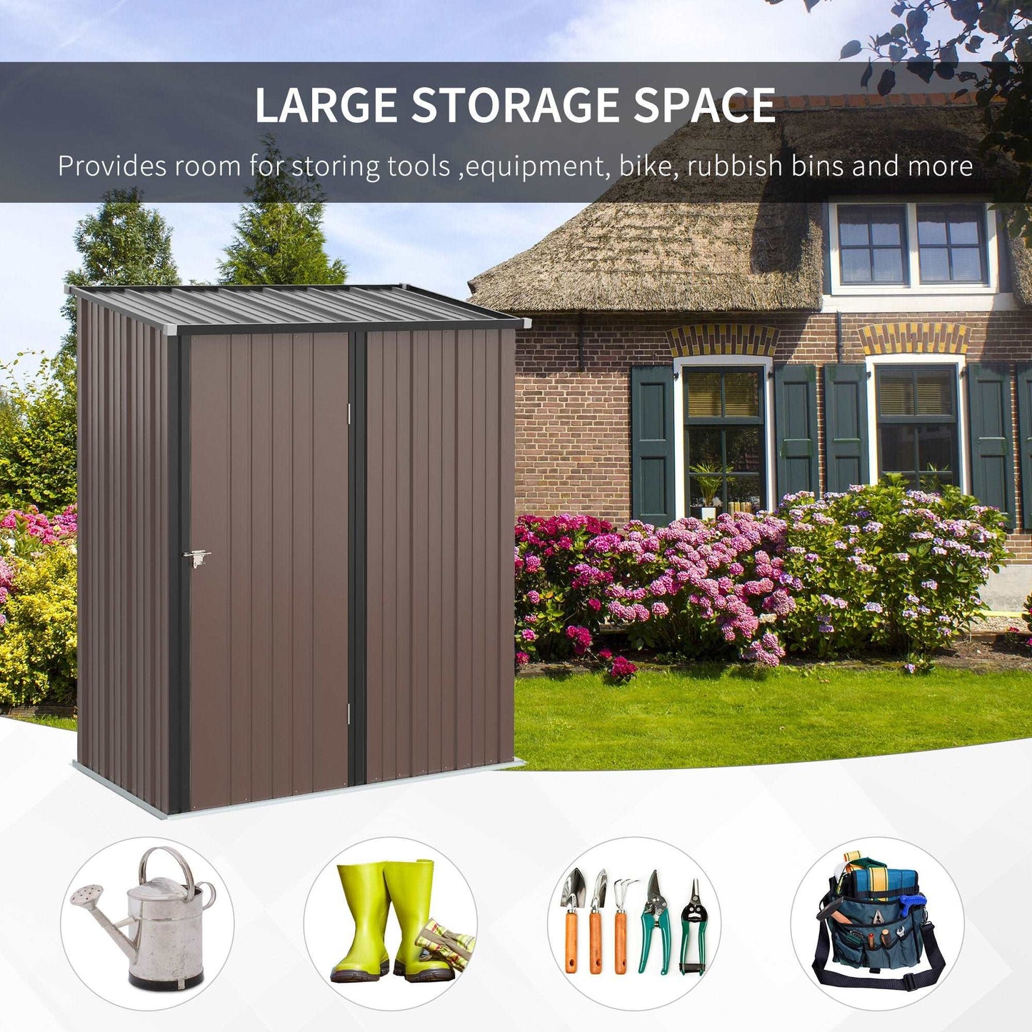 Outdoor 5 X 3 Ft Metal Garden Storage Shed Patio Corrugated Steel Roofed Tool Shed with Single Lockable Door, Brown