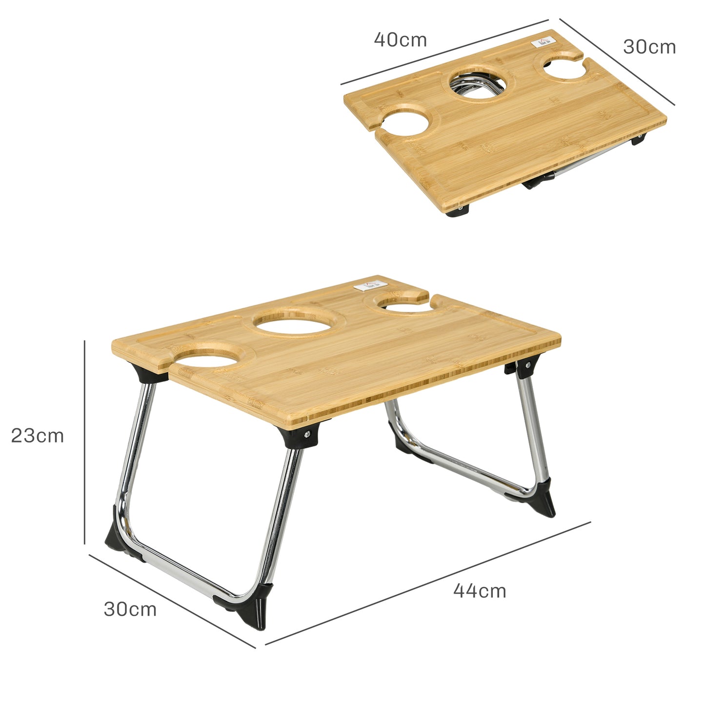 Foldable Wine Picnic Table, Portable W/ Bottle Holder And 2 Glass Holders, Folding Bamboo, Outdoor With Steel Legs For Hiking, Camping, Natural