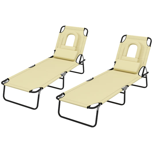 Outsunny Outdoor Foldable Sun Lounger Set of 2, 4 Level Adjustable Backrest Reclining Sun Lounger Chair with Pillow and Reading Hole, Beige