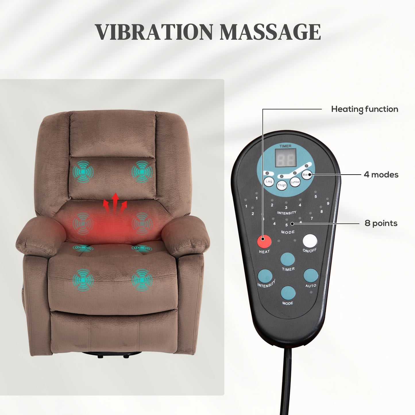 Electric Riser and Recliner Chair with Vibration Massage, Heat, Side Pocket, Brown