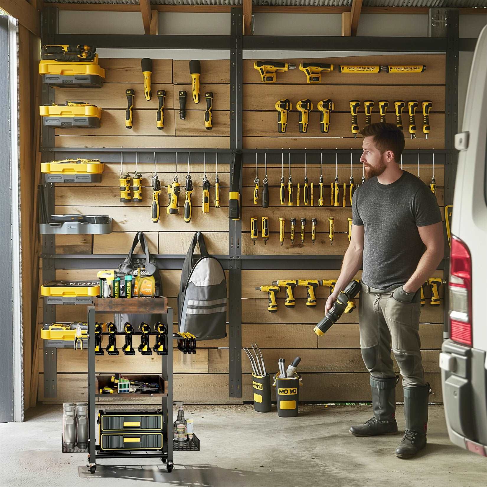 4-Tier Power Tool Storage Cart With Wheels Rolling Tool Cart Organiser Rack Holder With Drill Racks Cordless Tool Storage For Garage And Garden