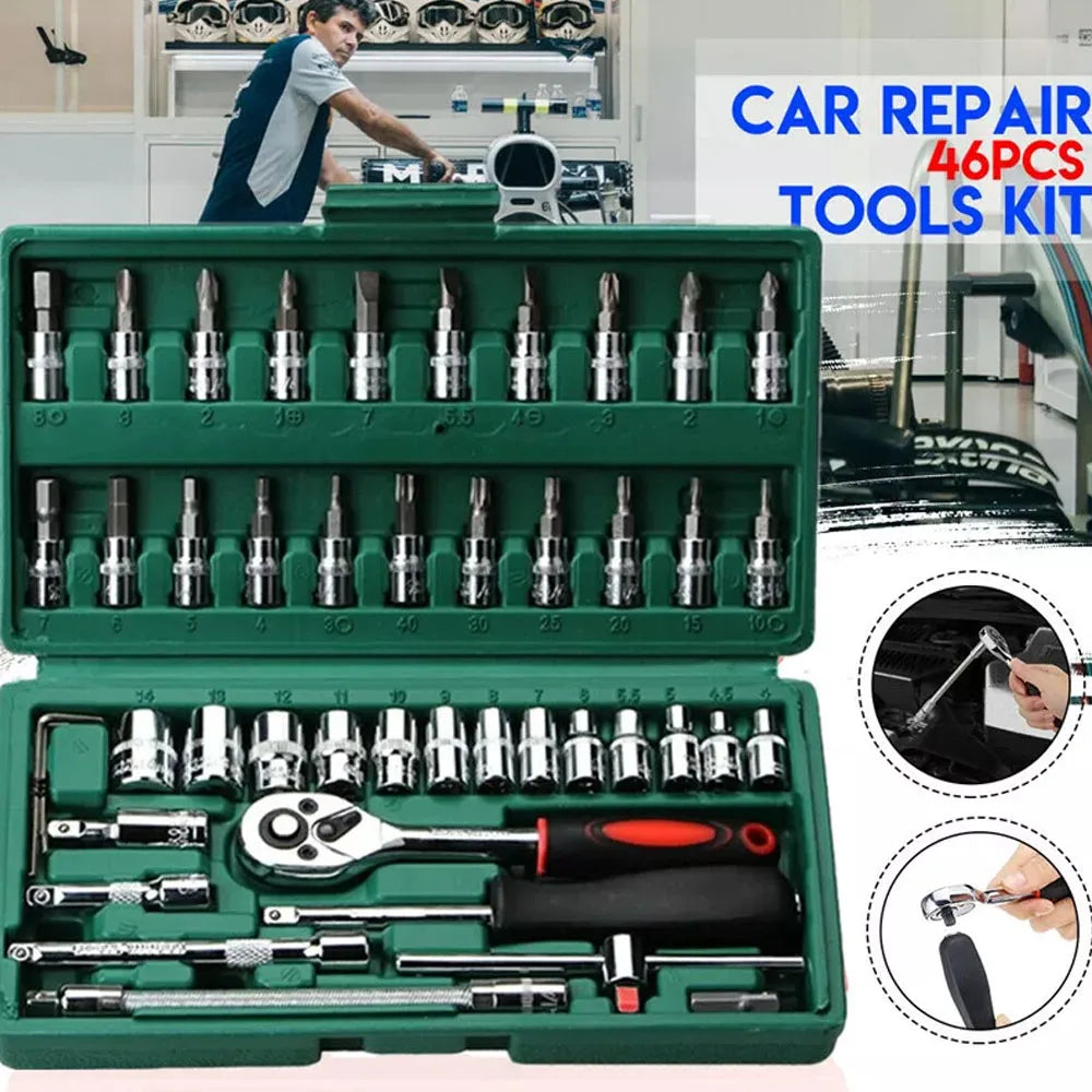 46 Piece Spanner Socket Ratchet Wrench Set 1/4" Drive Metric Hex Bit Socket Set Mechanic Tool Car Repair Kit With Green Case