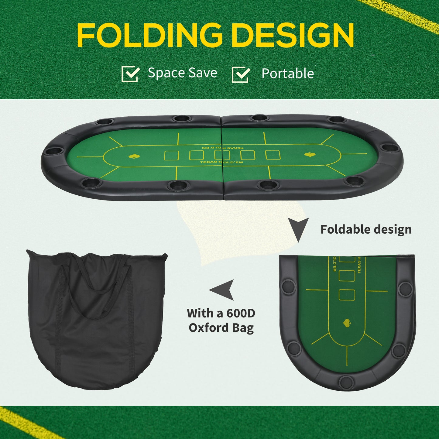 SPORTNOW Foldable Poker Mat for 10 Players, Oval Poker Table Top with Cup Holders, Portable Poker Table Cloth with Carrying Bag, 180 x 90 cm, Green