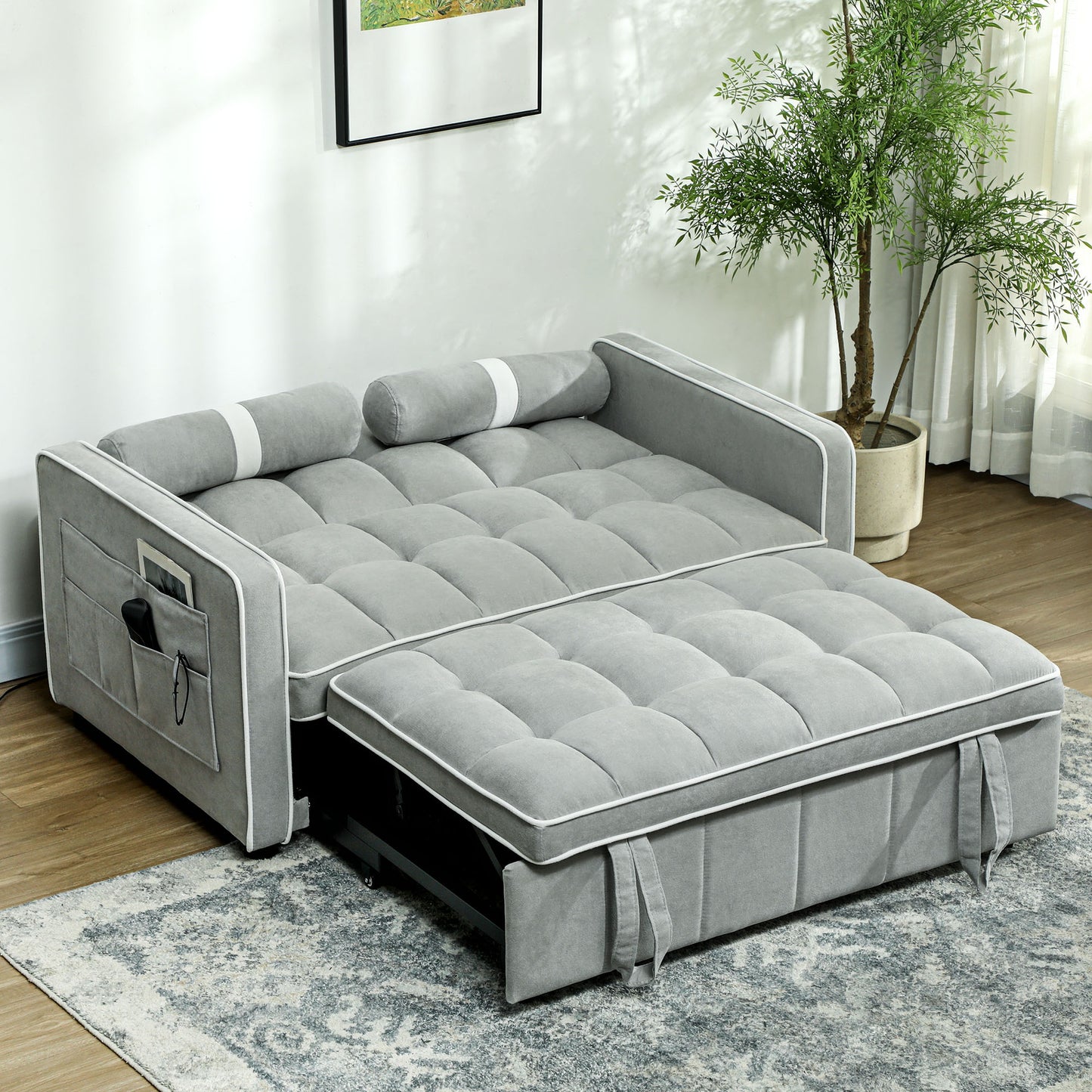 Two-Seater Linen-Look Sofa Bed - Light Grey