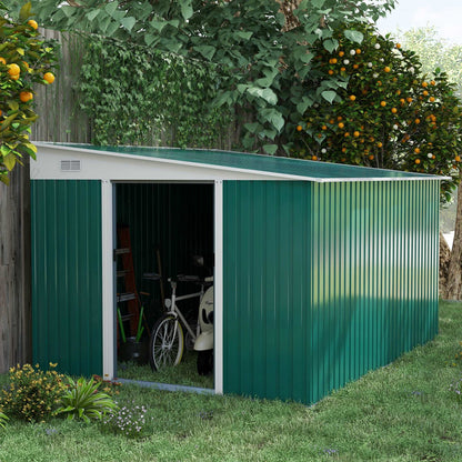 11.3 x 9.2ft Garden Metal Storage Shed Outdoor Metal Tool House with Double Sliding Doors and 2 Air Vents, Green