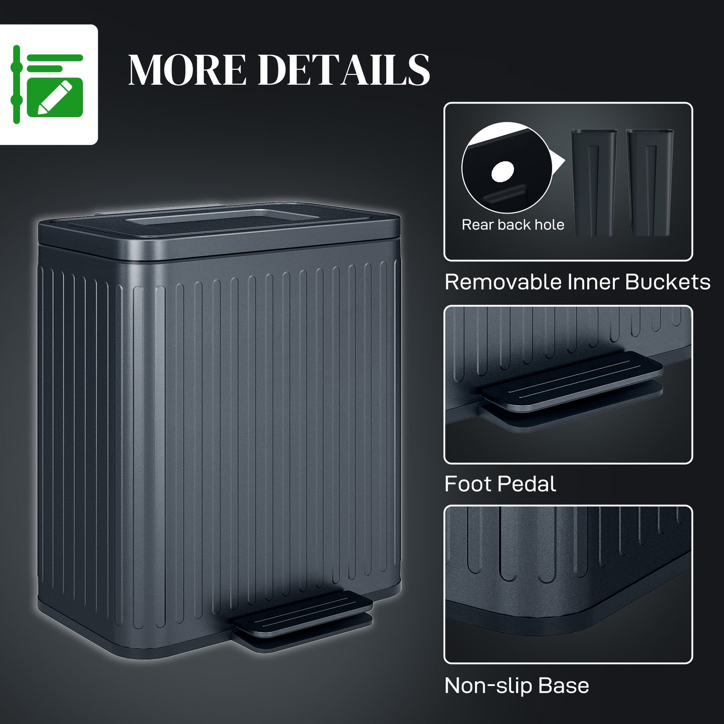 Dual Kitchen Bin, 2 x 20L Double Bin for Recycling and Waste, Fingerprint-proof Pedal Bin with Soft-Close Lid, Removable Inner Buckets, Black