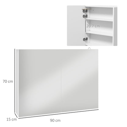 Bathroom Mirror Cabinet with Light, Bathroom Storage Cupboard with Adjustable Shelf, USB Charge, 90x15x70cm, White