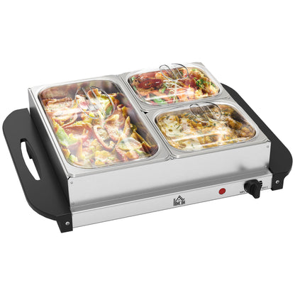 Electric Food Warmer 4 Tray, 6L Portable Buffet Server and Warming Tray with Lids, Adjustable Temperature Control and Cool Touch Handles, 200W, 2 x 2.5L and 1 x 1L