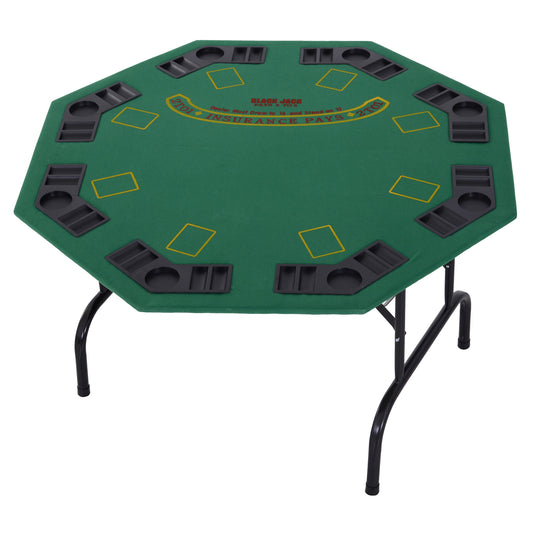 8 Player Folding Games Poker Table with Chip Cup Holder Steel Base Felt Top Octagon Blackjack Casino Green