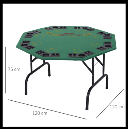 8 Player Folding Games Poker Table with Chip Cup Holder Steel Base Felt Top Octagon Blackjack Casino Green