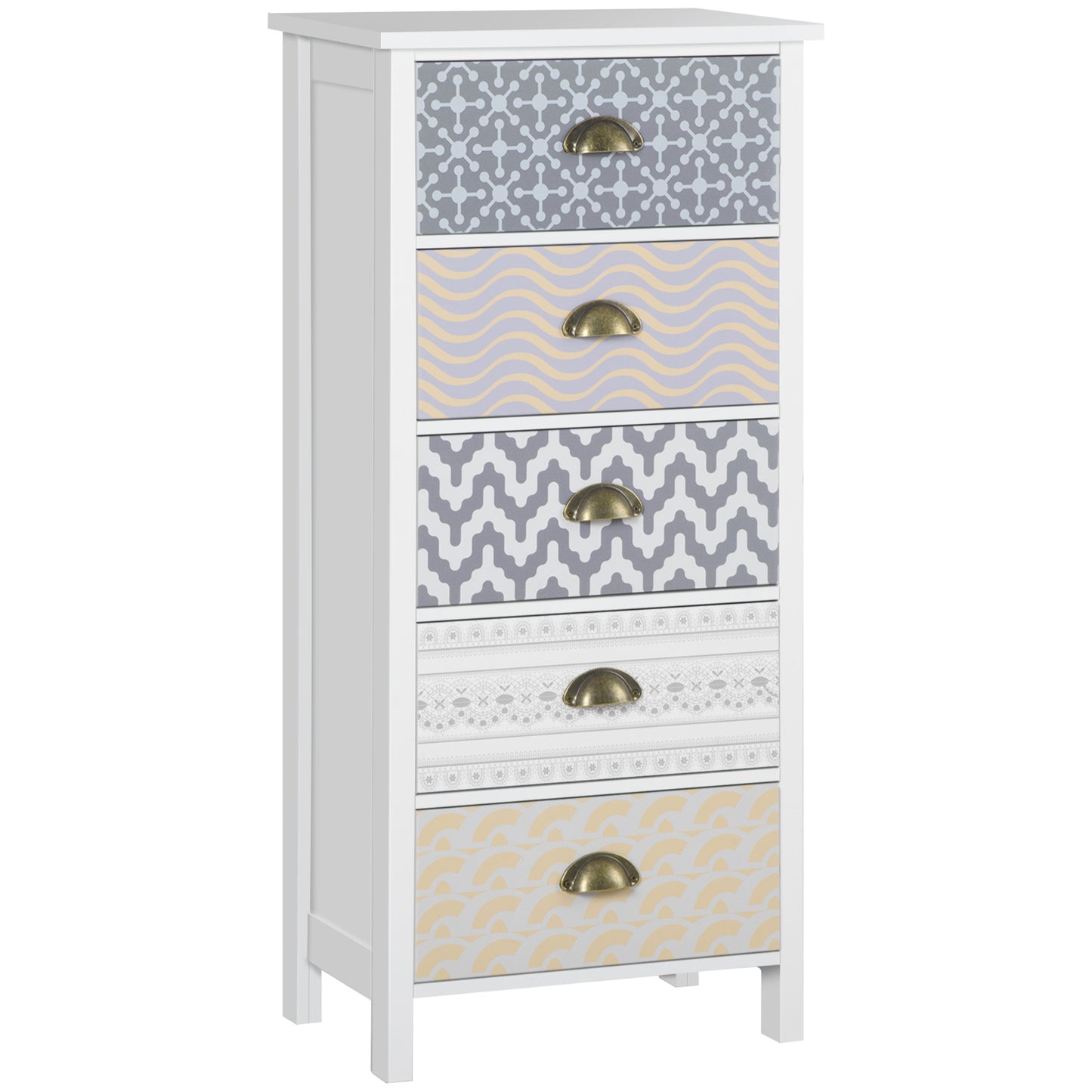 Slim Chest Of Drawers, Five-Drawer Tallboy Dresser Metal Handles For Living Room & Bedroom