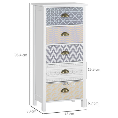 Slim Chest Of Drawers, Five-Drawer Tallboy Dresser Metal Handles For Living Room & Bedroom