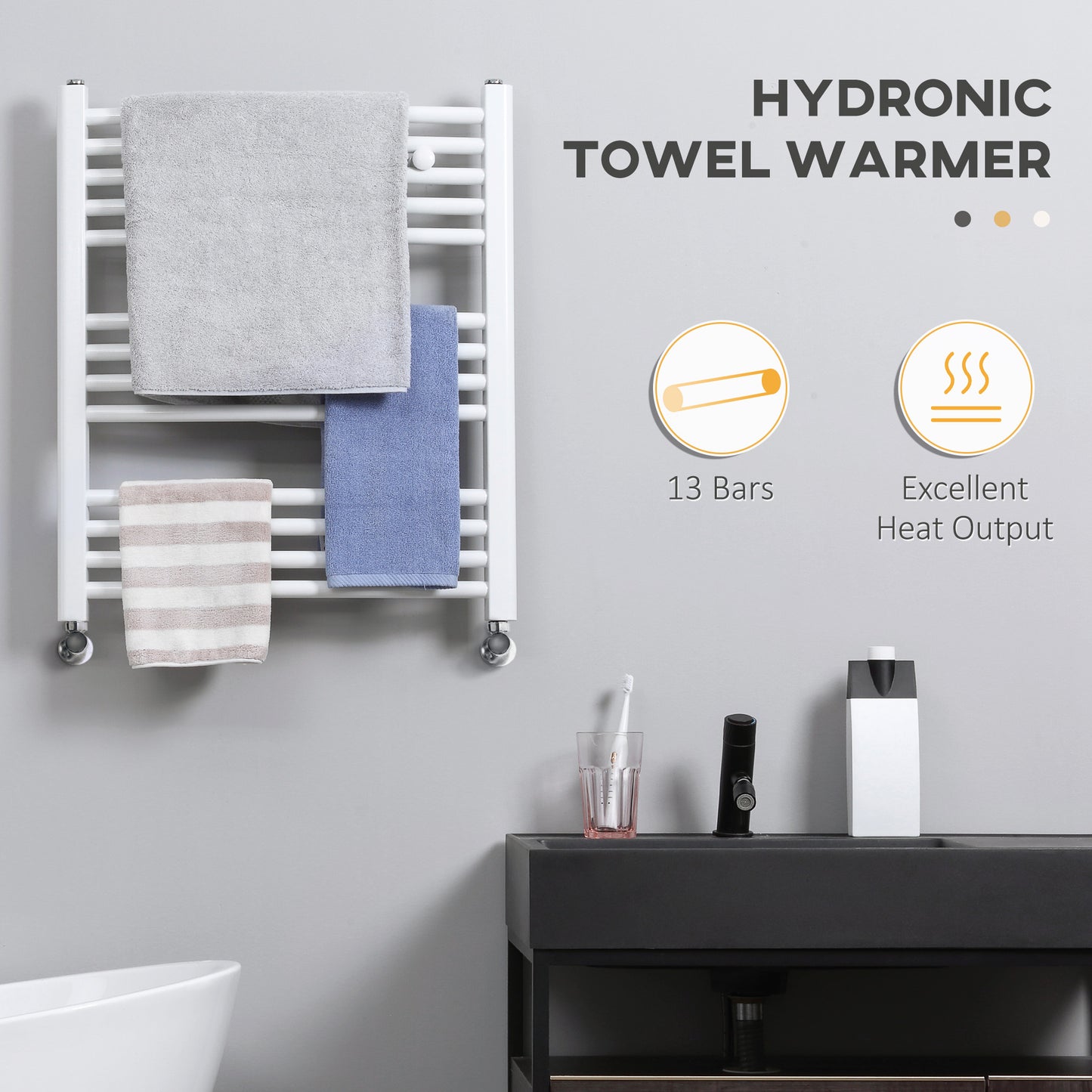 Straight Heated Towel Rail, Hydronic Bathroom Ladder Radiator Towel Warmer For Central Heating 600mm x 700mm, White