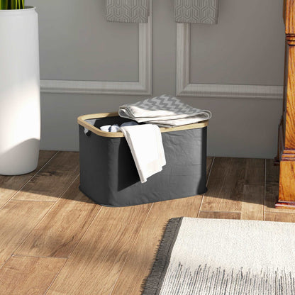 36L Foldable Laundry Basket, with Bamboo Top - Black