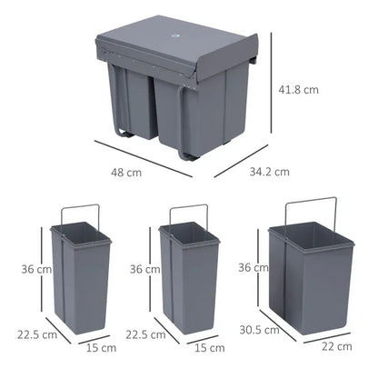 Kitchen Recycle Waste Bin Pull Out Soft Close Dustbin Recycling Cabinet Trash Can Grey (40L (1x20L+2x10L))