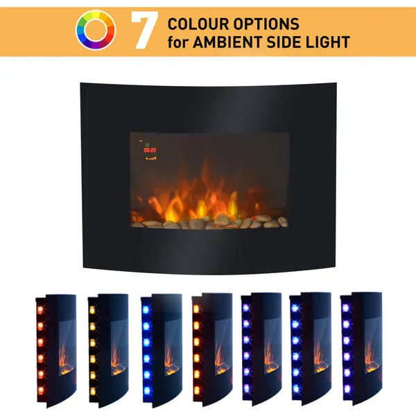 LED Curved Glass Electric Wall Mounted Heater Fire Place, 900/1800W